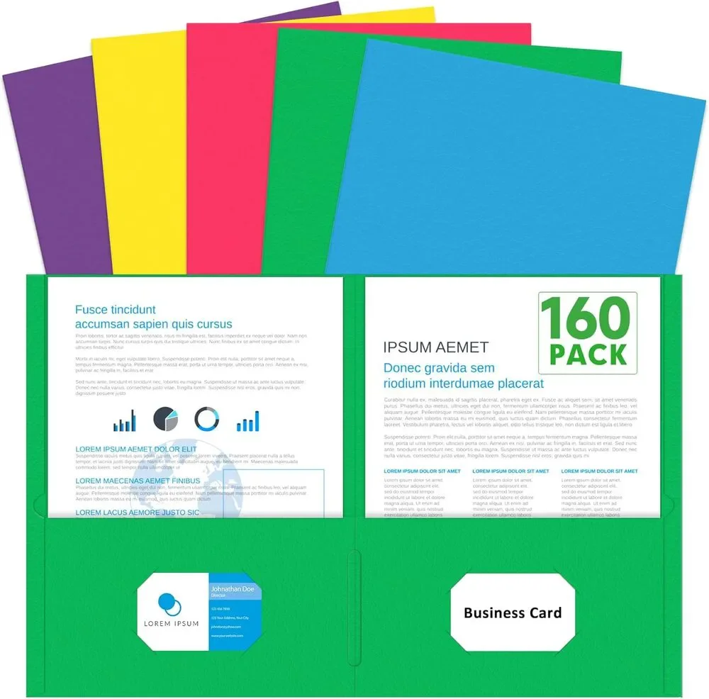 150 Pack 2 Pocket Folders, Letter Size Paper File, Assorted 5 Colors